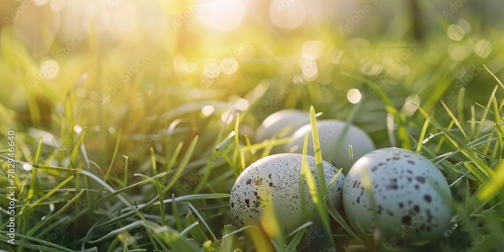Poster three eggs laying in the grass on a sunny day. suitable for various nature-themed projects