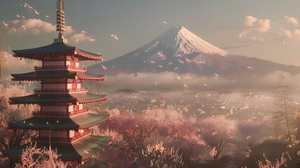 Fototapeta premium Japanese pagoda on the left side of the photograph with Mount Fuji prominently in the background.