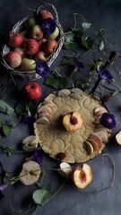 Vertical shot of a freshly baked pie next to a basket of apples and dry flowers on the table