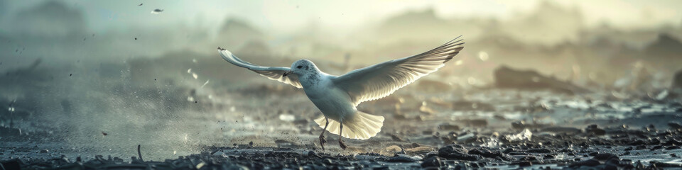 Majestic Seagull Taking Flight at Misty Waterside Dawn - obrazy, fototapety, plakaty