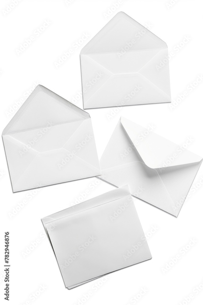 Poster four white envelopes on a plain white background. ideal for business and office concepts