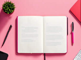 A pink desk with a notebook, pen, and plant on it. - obrazy, fototapety, plakaty