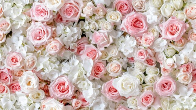 pastel pink and white roses, creating a wall of flowers that serves as an enchanting backdrop for wedding ceremonies or party decorations. SEAMLESS PATTERN