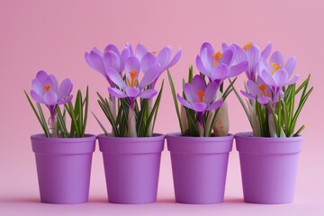 Group of purple pots with colorful flowers, perfect for gardening concept