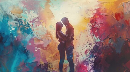 Romantic couple kissing in front of a vibrant backdrop. Perfect for Valentine's Day cards or wedding invitations
