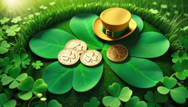 Artfully composed, this image features clover overlays with a miniature golden leprechaun hat and coins, a modern take on Irish folklore.. AI Generation