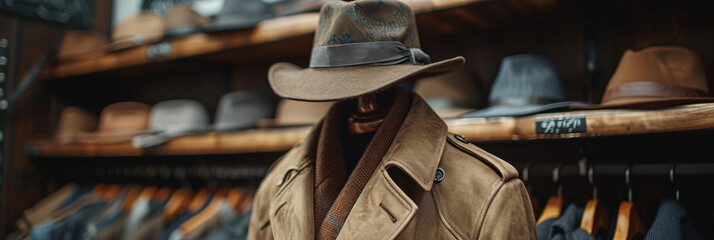 Elegant Fedora Hats and Trench Coat in Vintage Clothing Store