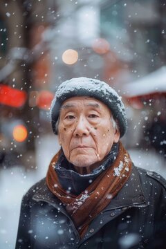 A picture of an old man wearing a hat and scarf in the snow. Perfect for winter-themed designs