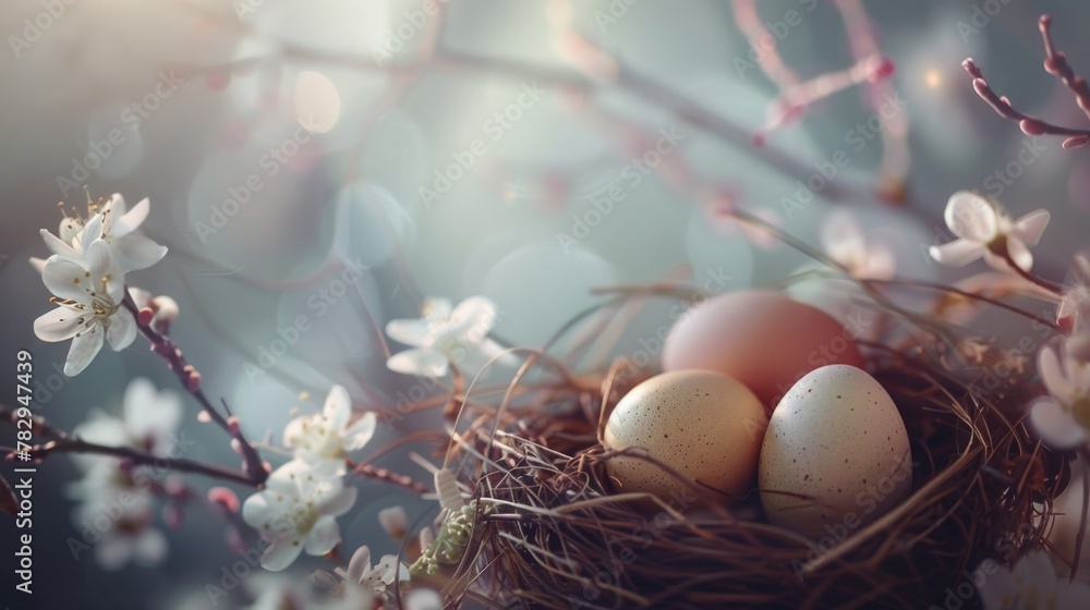 Poster Bird eggs in a nest on a tree branch, suitable for nature concepts