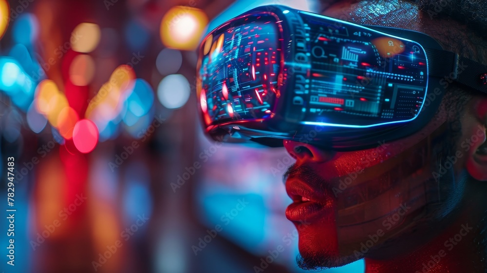 Aufkleber The concept of virtual reality and metaverse technology development. A man in a VR headset looking at a VR interface. He is working in a VR headset in the metaverse. A future technology concept. 3D