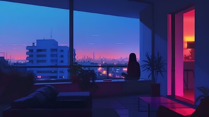 a woman looking out a window in a room with city lights