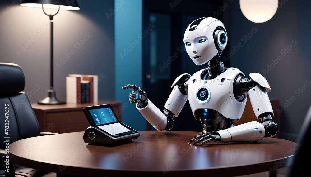 Poster a futuristic robot is sitting at a business meeting table, engaging with digital interfaces, hinting