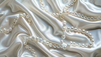 a soft and smooth white silk fabric adorned with delicate pearls scattered across its surface, set against an elegant backdrop reminiscent of a refined jewelry display stand.