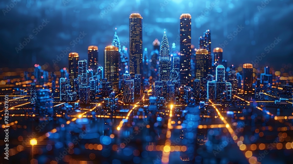 Poster A network of computers, laptops, tablets and mobile phones. Internet of Things 5G communication concept in a smart city. 3D rendering of skyscrapers.