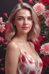 A World of Blooms: A Caucasian Woman Poses Amidst a Lush Floral Backdrop. generative AI