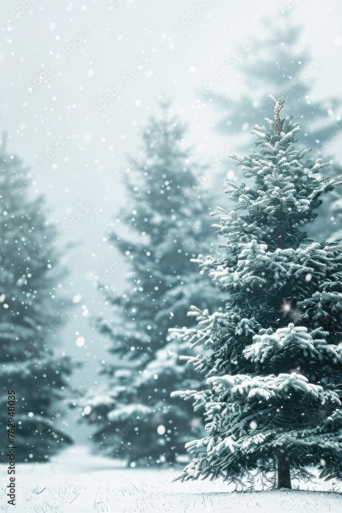 Poster a serene winter scene with a snow covered field and trees in the background. perfect for seasonal de