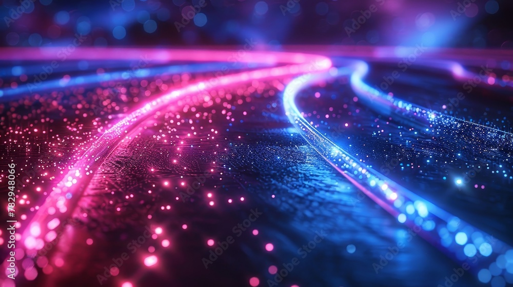Leinwandbilder Traffic of light optics digital signals in cables. High speed transfer of data via optical fiber. Abstract background or banner with quantum beams of internet data along the optical fibres.