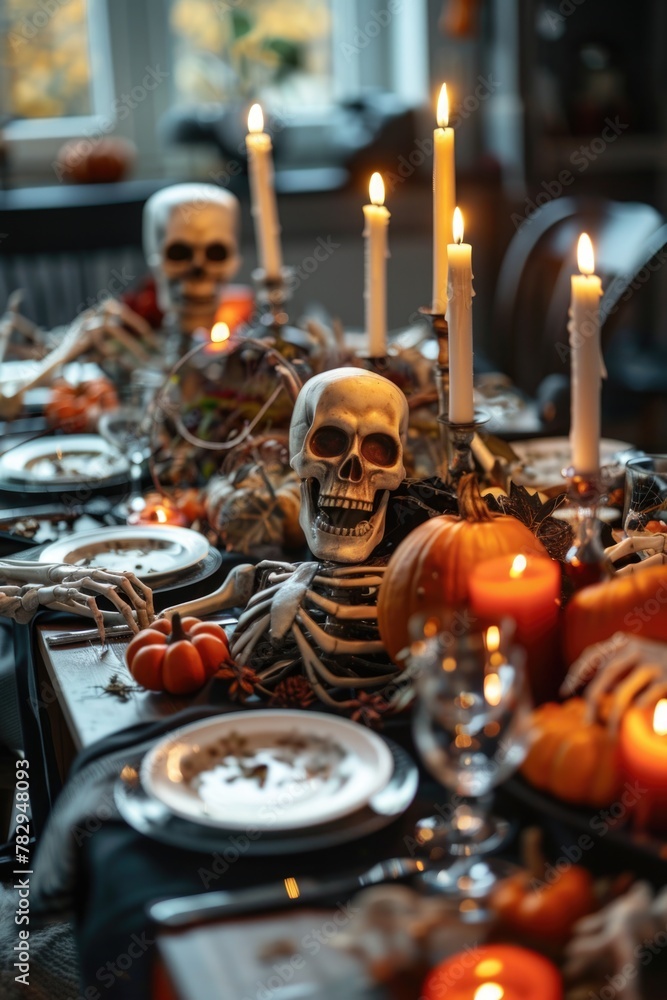 Poster a table set with various plates of food and lit candles. suitable for restaurant menus or food blog 