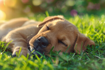 A cute little puppy sleeping on a grass field 