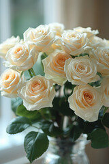 Elegant Cream Roses in Glass Vase Against Soft Background
