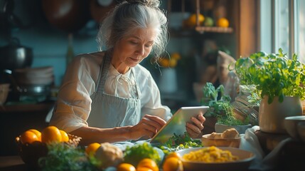Senior home cook concentrates on a tablet surrounded by citrus and herbs, AI-generated. - obrazy, fototapety, plakaty