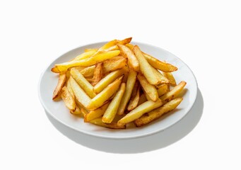 Plate of crispy French fries on a white background, isolated Enjoy this tasty fast food snack for lunch or dinner, perfect for satisfying cravings