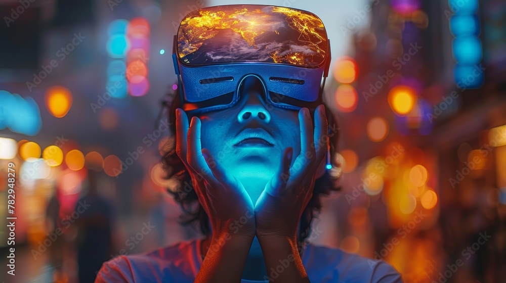 Poster a man wearing virtual reality headset glasses looks up, holds a globe of digital world in his hands.