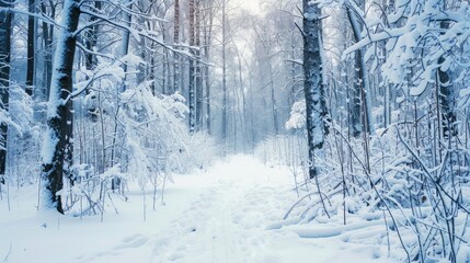 A scenic snow covered path in the middle of a forest. Suitable for nature and winter themes