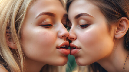 BFFs Forever: A Sweet Kiss Captures the Bond Between Blonde and Brunette Friends. generative AI