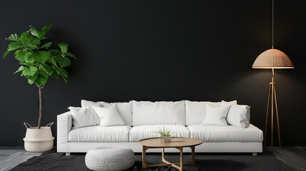 A modern living room with white sofa, coffee table and floor lamp on black background. There's also an indoor plant. Isolated on black background.