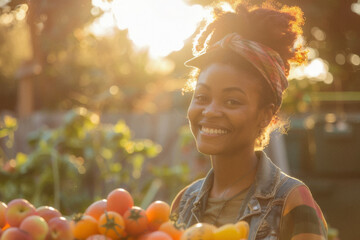 Smiling woman holding a tray of fresh fruits, AI-generated. - obrazy, fototapety, plakaty