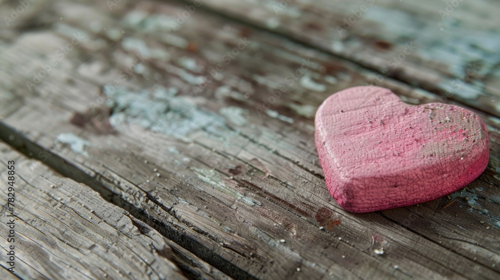 Wall mural A sweet pink heart shaped candy on a rustic wooden table. Perfect for Valentine's Day designs