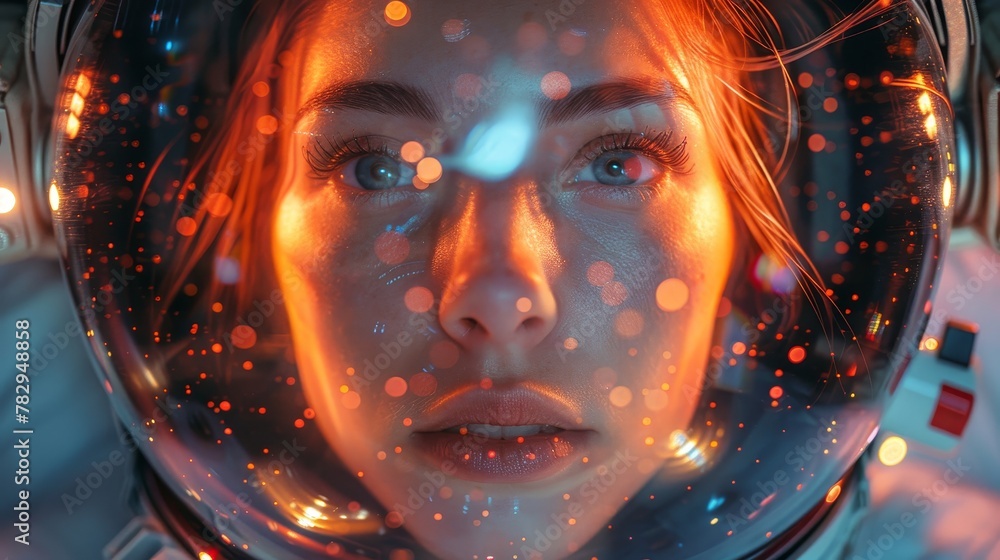 Poster a close-up of a cosmonaut's helmet. a sci-fi portrait of a woman in space. there's a head in a helme