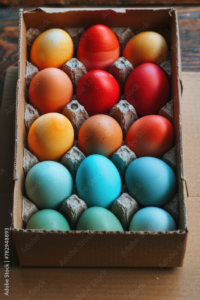 Poster a vibrant display of various colored eggs in a cardboard container. perfect for easter celebrations 