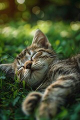 Naklejka na ściany i meble A cute little kitty sleeping on a grass field 