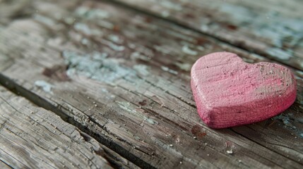 A sweet pink heart shaped candy on a rustic wooden table. Perfect for Valentine's Day designs