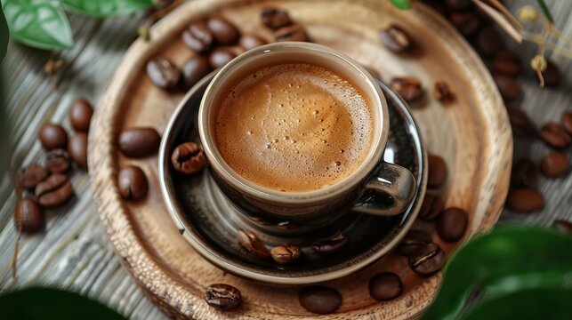 A cup of coffee with beans on a wooden table.