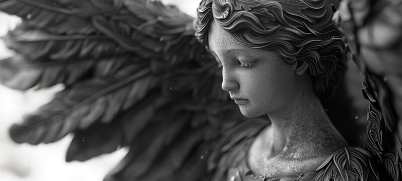 A black and white photo of an angel statue. Suitable for religious or memorial concepts