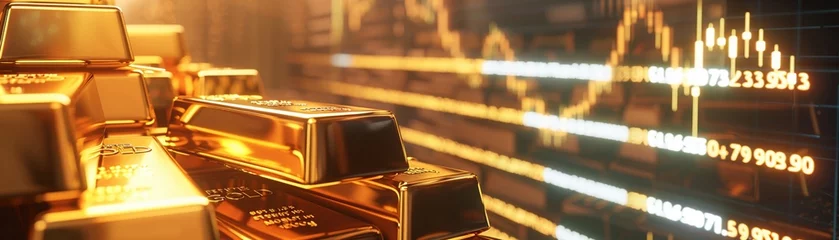 Foto auf Alu-Dibond Gold bars stacked in the foreground, with a digital display of soaring prices in the background, symbolizing a market boom © Tanasorn