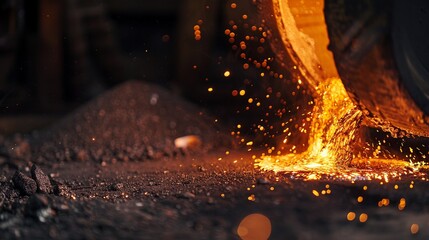 Pouring molten steel, into a socket, close up, glowing orange steel flowing from a ladle into a mold, bright sparks , AI - obrazy, fototapety, plakaty