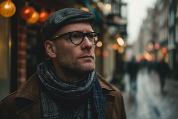Portrait of a handsome man in a hat and glasses in the city.