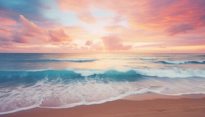 Aerial view of beautiful beach waves, on the coast with foam after being hit by the waves, reflection of sunset light on the coast with white sand