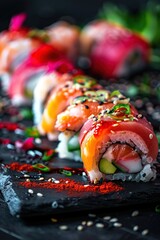 Sushi delight: Exquisite sushi rolls on a black slate