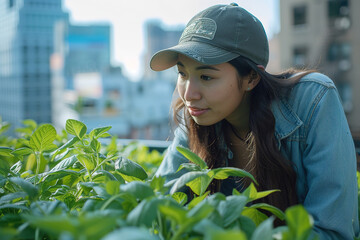 a urban asian female gardener tending to a lush rooftop garden,