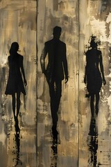 AI generated illustration of an oil painting of silhouettes strolling on a golden and black backdrop