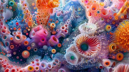A vibrant explosion of tiny organisms, creating a colorful spectacle in the ocean , unique hyper-realistic illustrations - obrazy, fototapety, plakaty