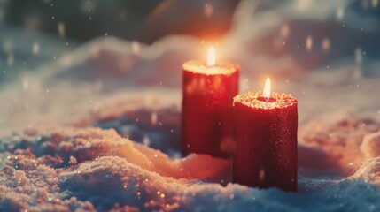 Two red candles burning in the snow, perfect for winter holiday designs
