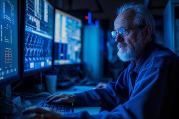 AI generated illustration of an elderly man using a computer in a dark room at night