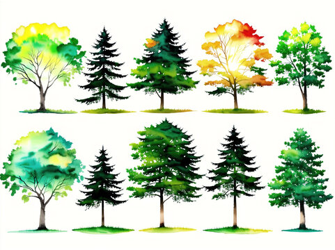 A group of trees in different colors, with their leaves changing from green to yellow, orange, and red.