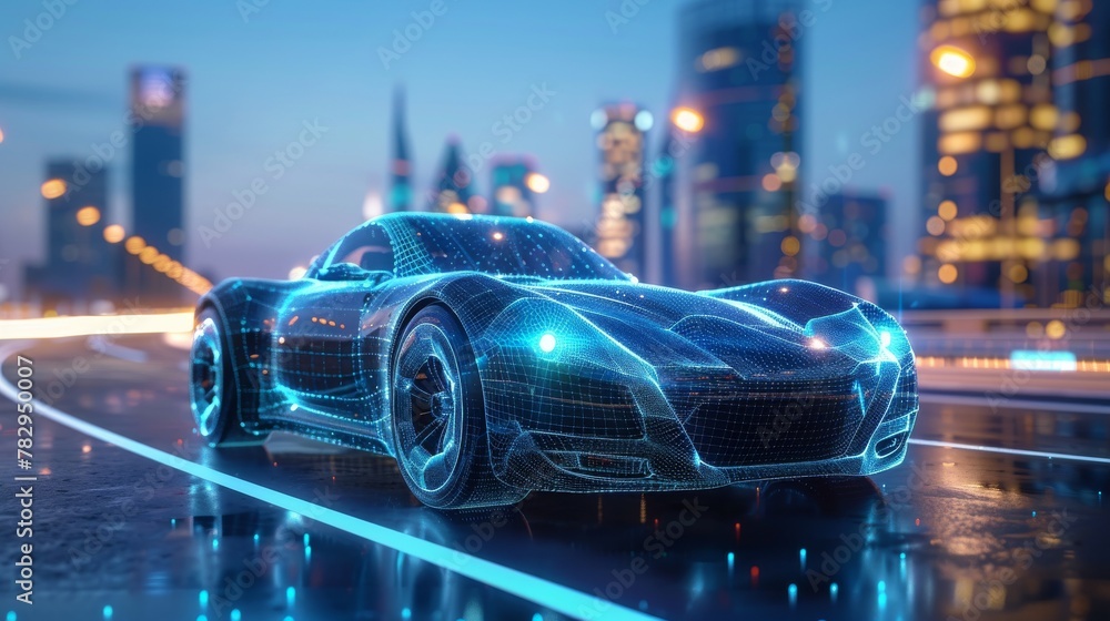 Poster Wireframe of an SUV riding on the road with a futuristic city background. Professional 3D rendering of an own designed generic non-existent car model.